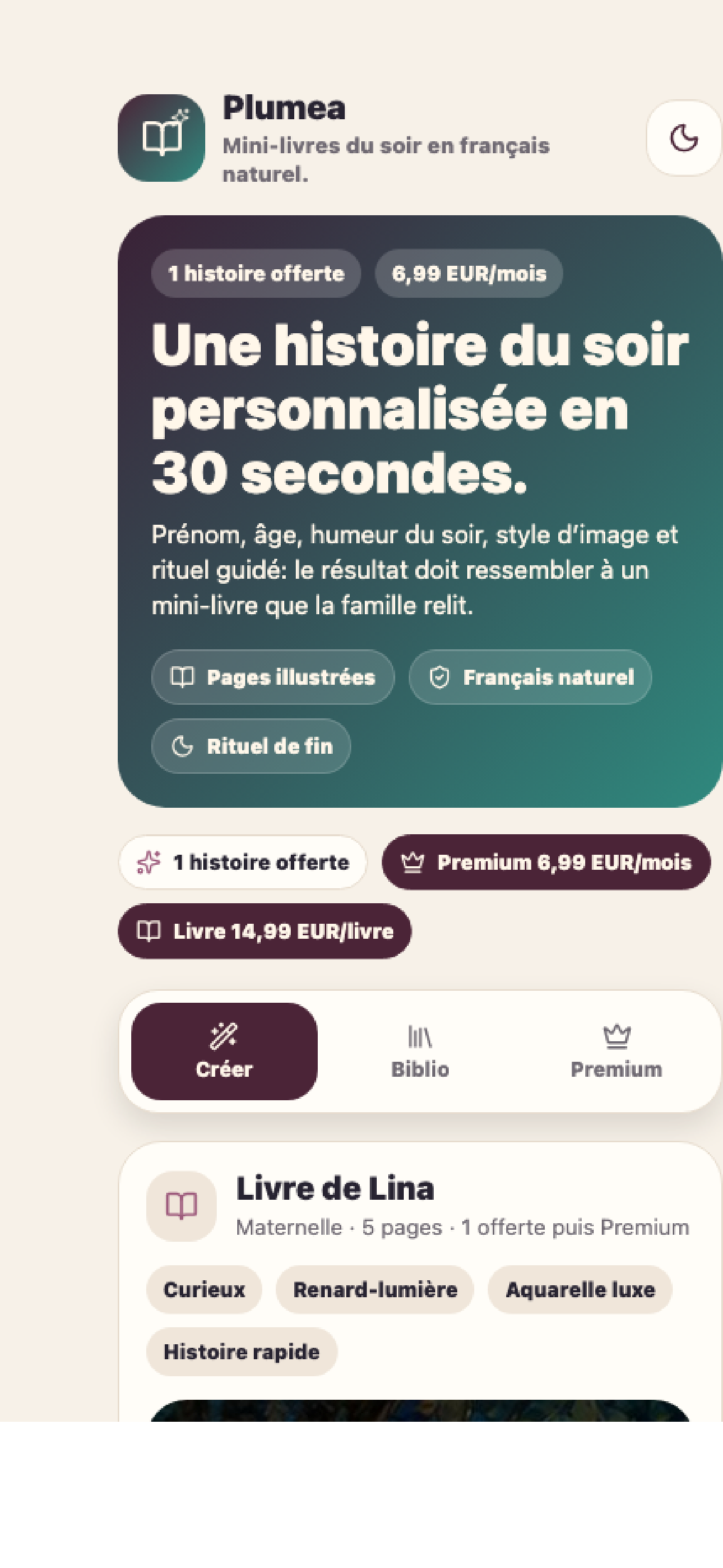 Création d'une histoire Plumea — choix âge, humeur, héros